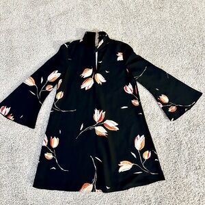Zara Floral Black mini Dress with Bell Sleeves
